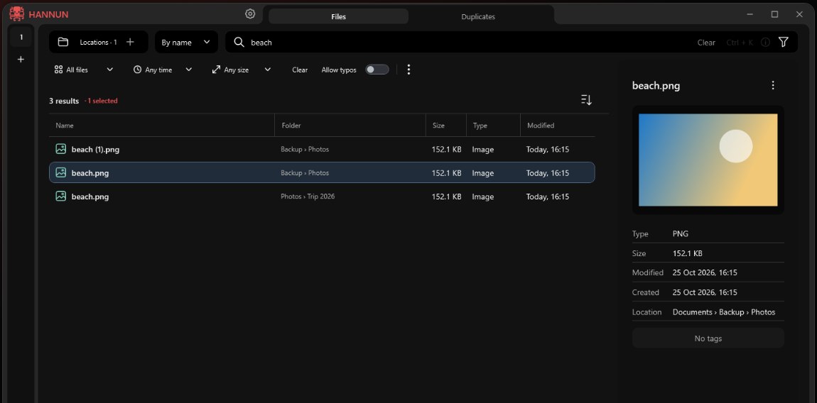 A file preview panel beside Hannun's search results