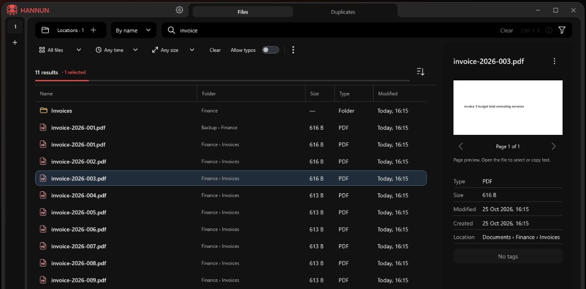 Hannun showing invoice files that match the search 'invoice', with a PDF preview on the right